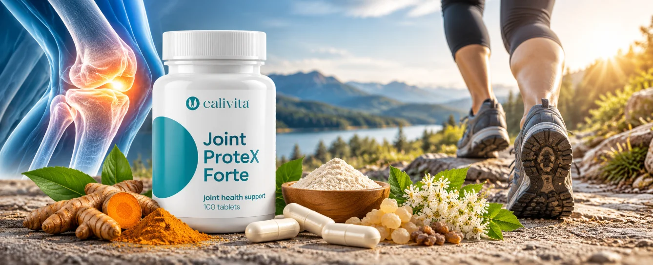 Suplement CaliVita Joint ProteX Forte obok kurkumy i składników roślinnych na tle aktywności fizycznej oraz wizualizacji stawu kolanowego