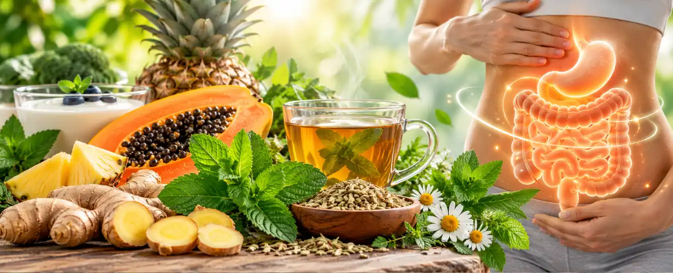 Naturalne produkty wspierające trawienie, takie jak imbir, mięta, papaja, ananas i herbata ziołowa, obok wizualizacji żołądka i jelit