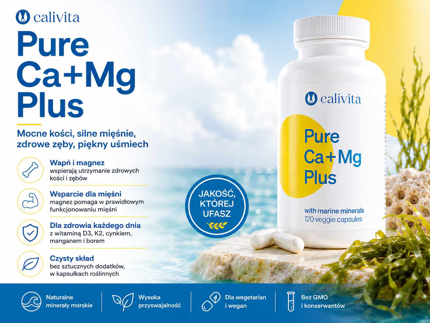 Grafika przedstawiająca suplement diety Pure Ca + Mg Plus firmy CaliVita zawierający wapń, magnez, witaminę D3, witaminę K2 oraz składniki wspierające zdrowe kości, mięśnie i zęby.