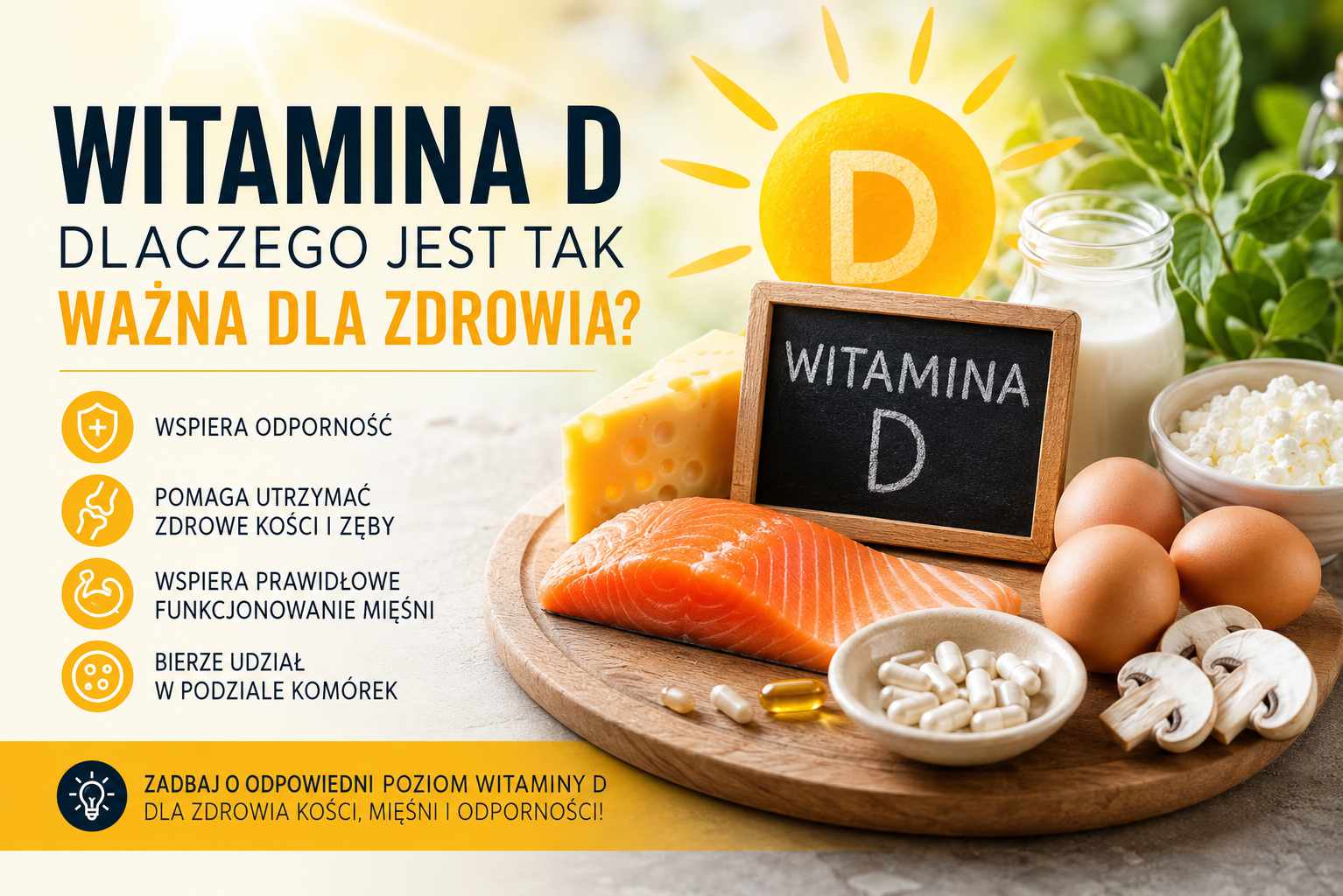 Witamina D – naturalne źródła oraz znaczenie dla zdrowych kości, mięśni i prawidłowego funkcjonowania układu odpornościowego.